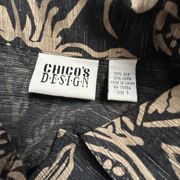 Chico's Design Womens Black Beige Floral Silk Linen Casual Shirt Jacket Size 1 - Picture 3 of 8